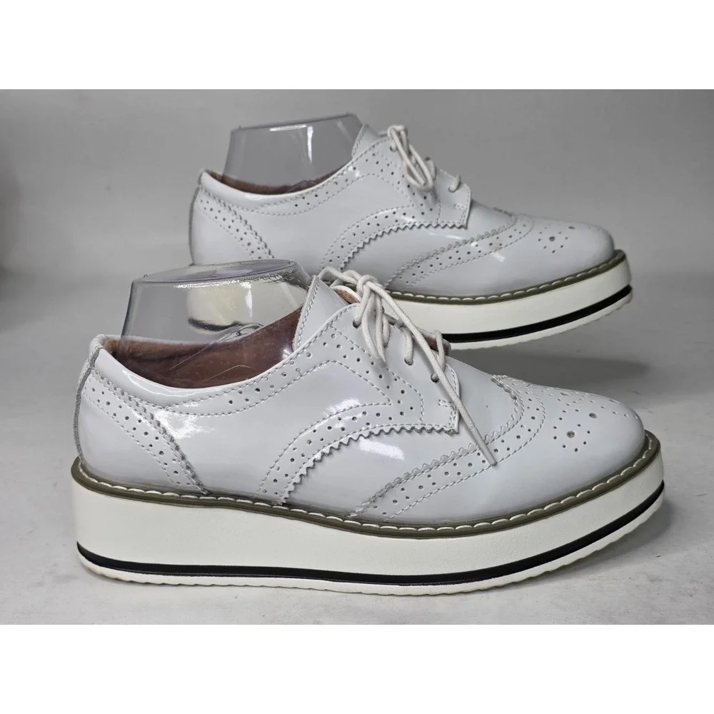 Dadawen Women's Oxford  Shoes Size 8 White Leather Platform Lace-Up Wingtips
